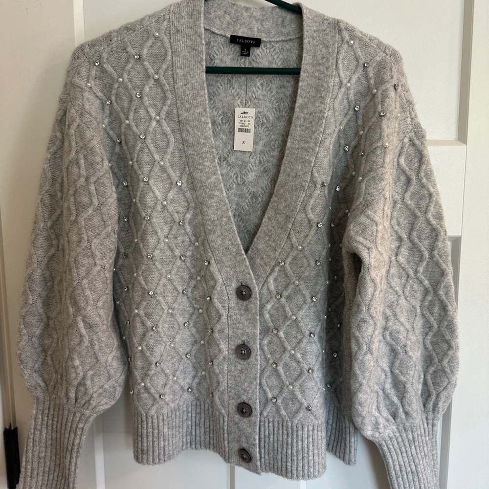 Talbots Gray Cardigan Sweater with Cable Knit and V-Neck